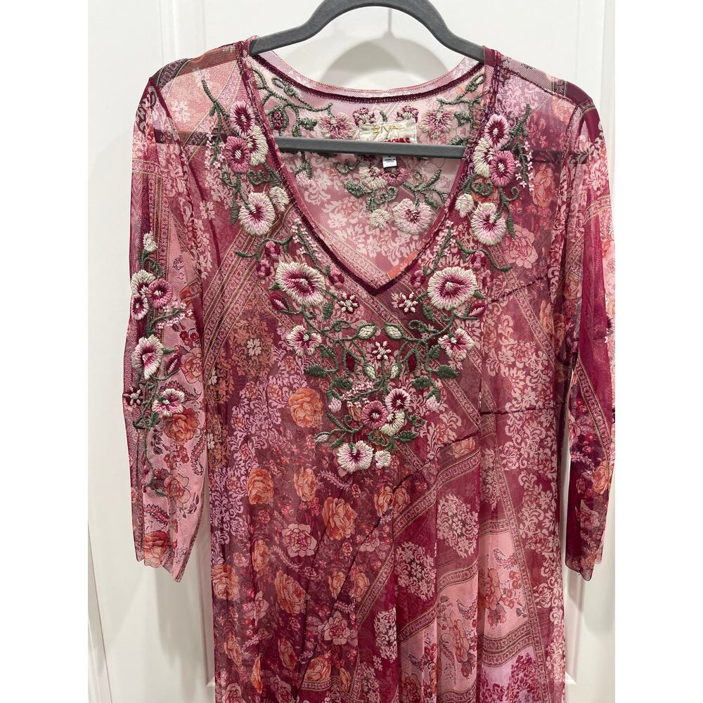 Johnny Was Cardinal Mesh Long Sleeve Embroidered Dress Sz M - Picture 3 of 13